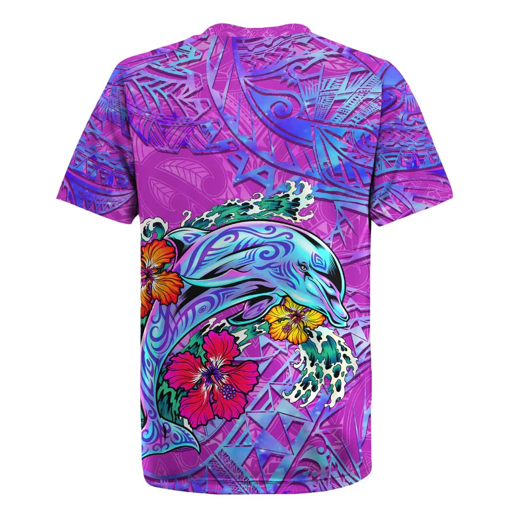 Personalized Dolphin Polynesia Rugby Jersey Hibiscus Tropical Wave - Purple Vibes