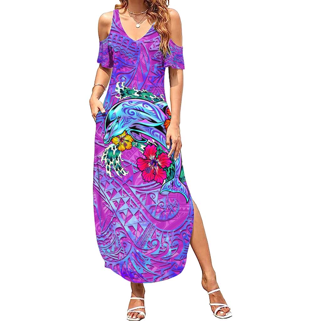 Dolphin Polynesia Summer Maxi Dress Hibiscus Tropical Wave - Purple Vibes DT02 Women Purple - Polynesian Pride