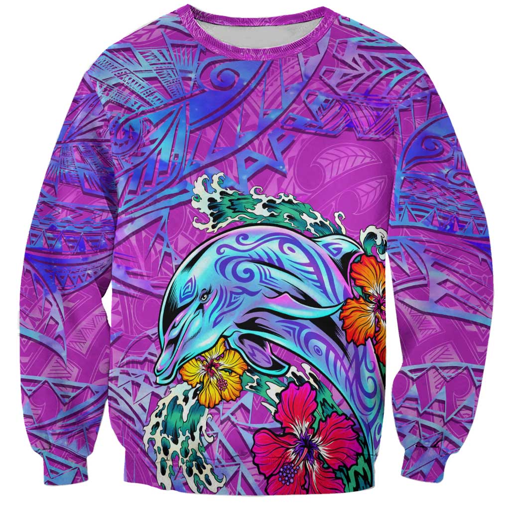 Personalized Dolphin Polynesia Sweatshirt Hibiscus Tropical Wave - Purple Vibes