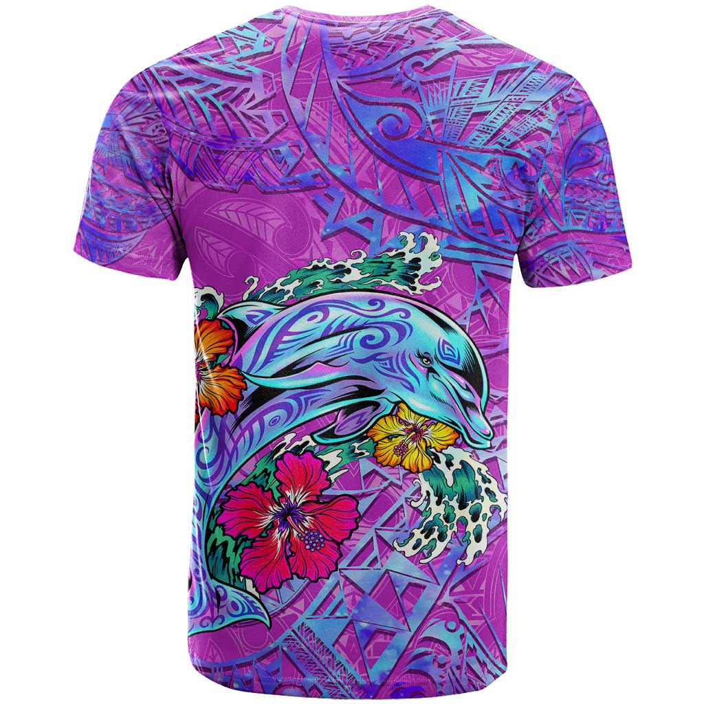 Personalized Dolphin Polynesia T Shirt Hibiscus Tropical Wave - Purple Vibes