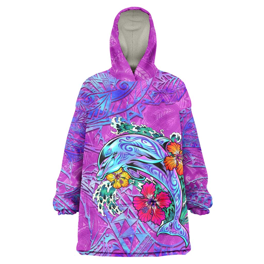 Dolphin Polynesia Wearable Blanket Hoodie Hibiscus Tropical Wave - Purple Vibes DT02 One Size Purple - Polynesian Pride