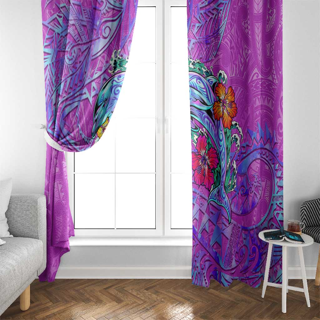 Dolphin Polynesia Window Curtain Hibiscus Tropical Wave - Purple Vibes