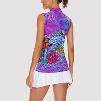 Personalized Dolphin Polynesia Women Sleeveless Polo Shirt Hibiscus Tropical Wave - Purple Vibes