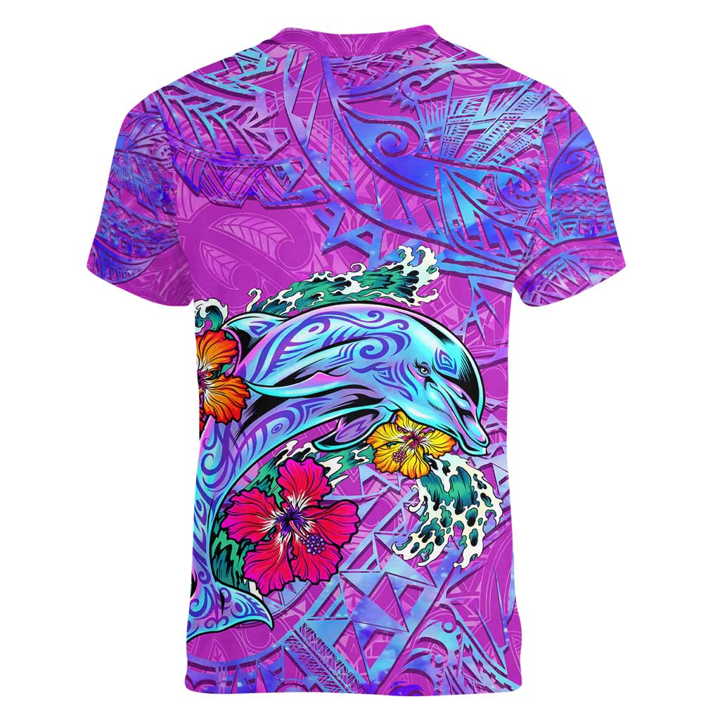 Personalized Dolphin Polynesia Women V-Neck T-Shirt Hibiscus Tropical Wave - Purple Vibes