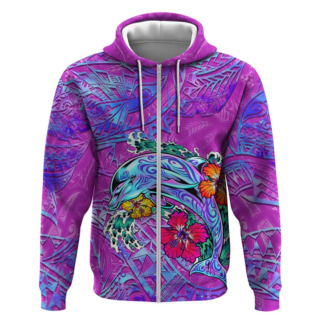 Dolphin Polynesia Zip Hoodie Hibiscus Tropical Wave - Purple Vibes DT02 Zip Hoodie Purple - Polynesian Pride
