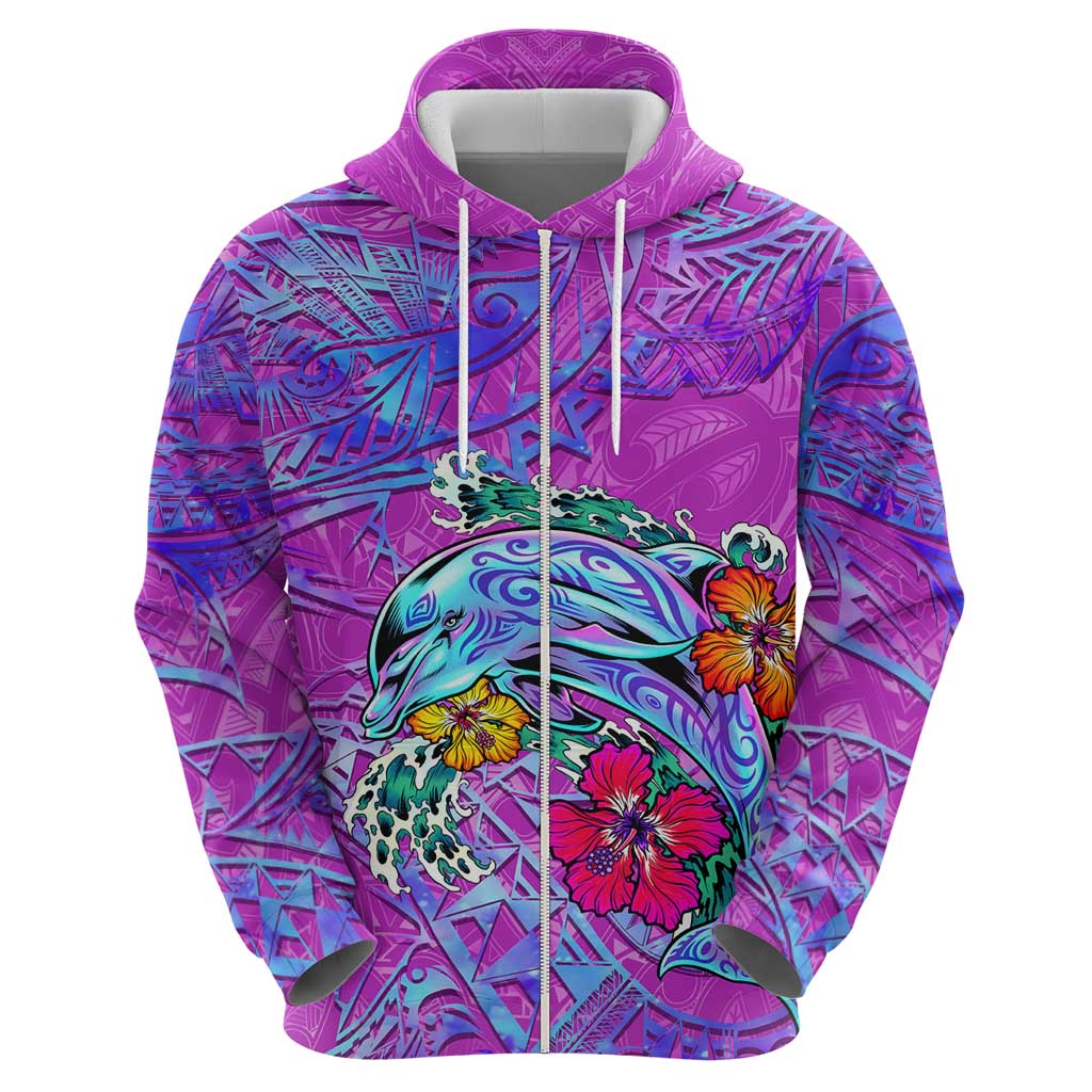 Dolphin Polynesia Zip Hoodie Hibiscus Tropical Wave - Purple Vibes DT02 - Polynesian Pride