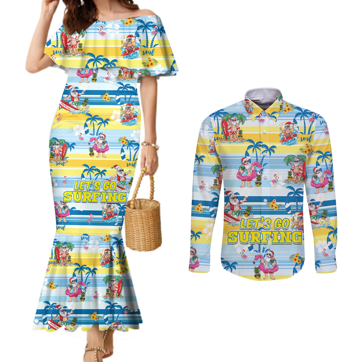 Surfing Christmas Couples Matching Mermaid Dress and Long Sleeve Button Shirt Tropical Santa Let's Go Surfing DT02 Art - Polynesian Pride