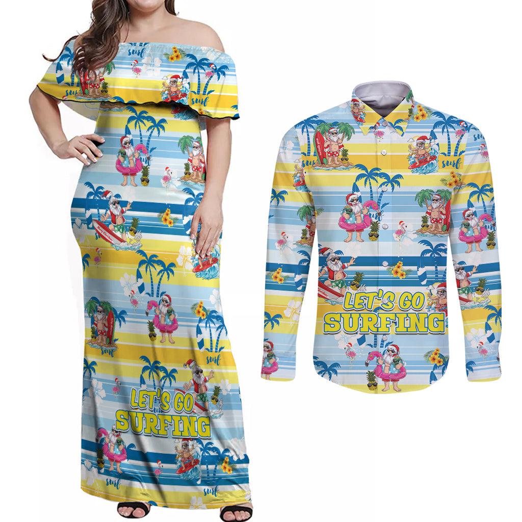 Surfing Christmas Couples Matching Off Shoulder Maxi Dress and Long Sleeve Button Shirt Tropical Santa Let's Go Surfing DT02 Art - Polynesian Pride