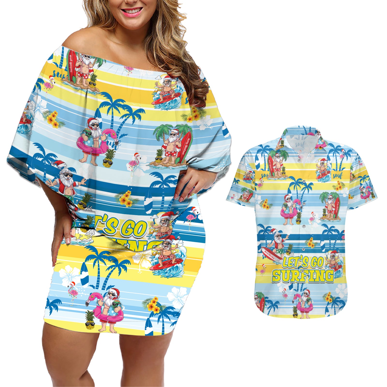 Surfing Christmas Couples Matching Off Shoulder Short Dress and Hawaiian Shirt Tropical Santa Let's Go Surfing DT02 Art - Polynesian Pride