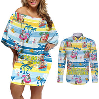 Surfing Christmas Couples Matching Off Shoulder Short Dress and Long Sleeve Button Shirt Tropical Santa Let's Go Surfing DT02 Art - Polynesian Pride