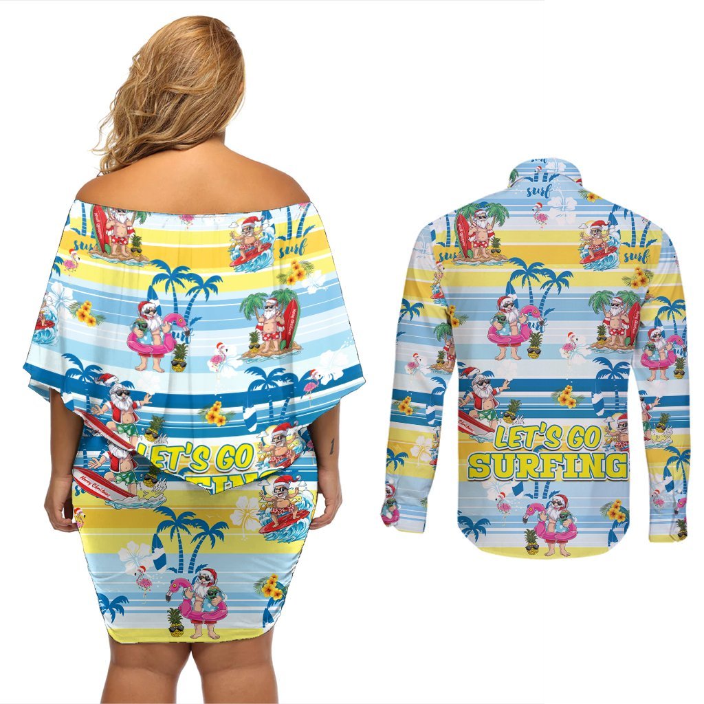 Surfing Christmas Couples Matching Off Shoulder Short Dress and Long Sleeve Button Shirt Tropical Santa Let's Go Surfing DT02 - Polynesian Pride