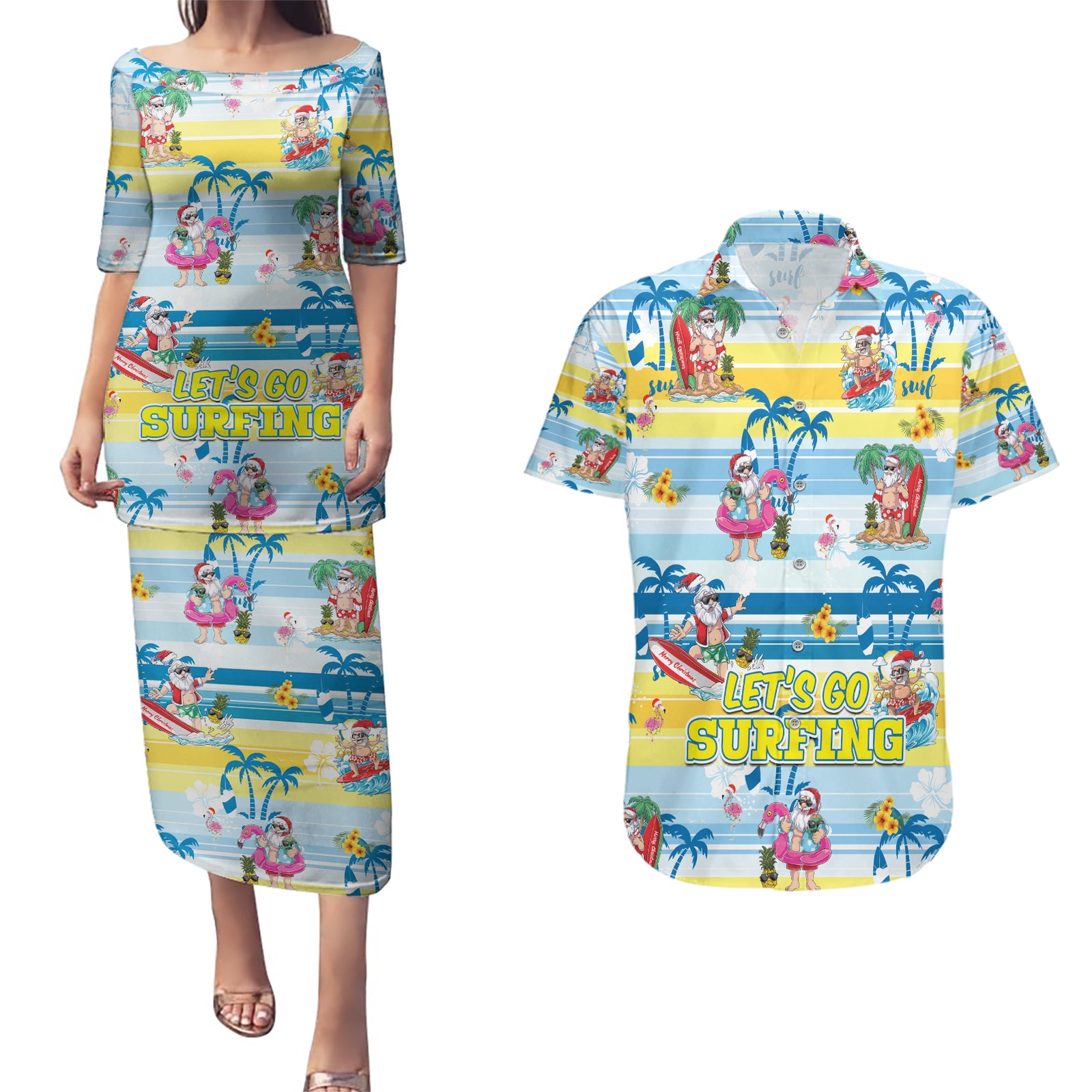 Surfing Christmas Couples Matching Puletasi Dress and Hawaiian Shirt Tropical Santa Let's Go Surfing DT02 Art - Polynesian Pride