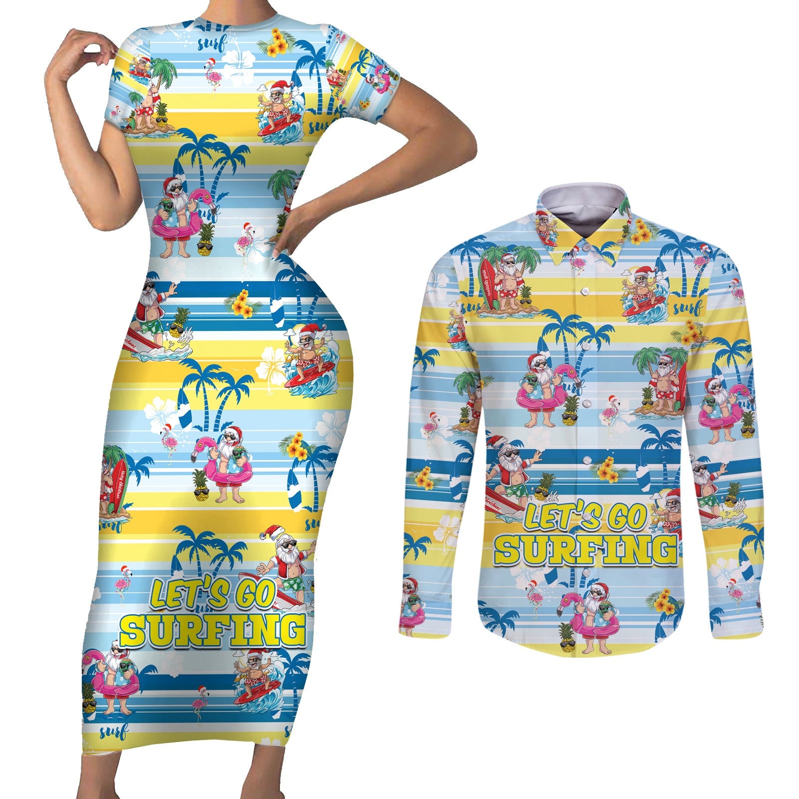 Surfing Christmas Couples Matching Short Sleeve Bodycon Dress and Long Sleeve Button Shirt Tropical Santa Let's Go Surfing DT02 Art - Polynesian Pride