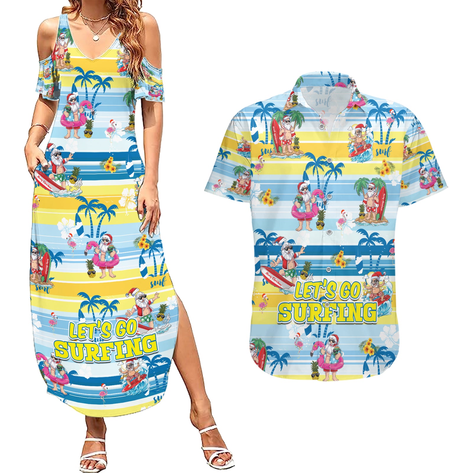 Surfing Christmas Couples Matching Summer Maxi Dress and Hawaiian Shirt Tropical Santa Let's Go Surfing DT02 Art - Polynesian Pride