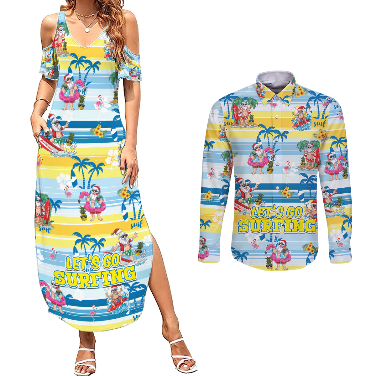 Surfing Christmas Couples Matching Summer Maxi Dress and Long Sleeve Button Shirt Tropical Santa Let's Go Surfing DT02 Art - Polynesian Pride