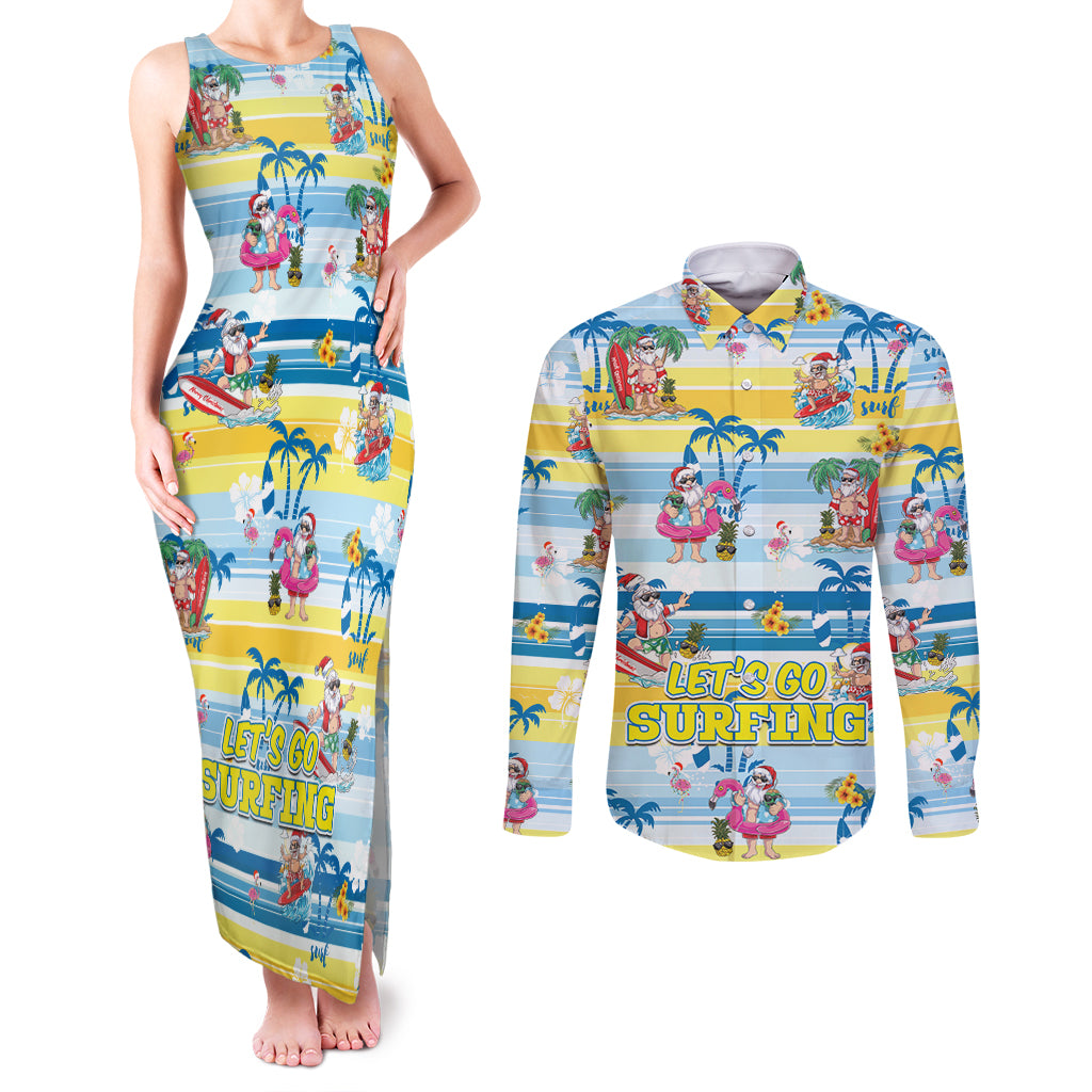 Surfing Christmas Couples Matching Tank Maxi Dress and Long Sleeve Button Shirt Tropical Santa Let's Go Surfing DT02 Art - Polynesian Pride