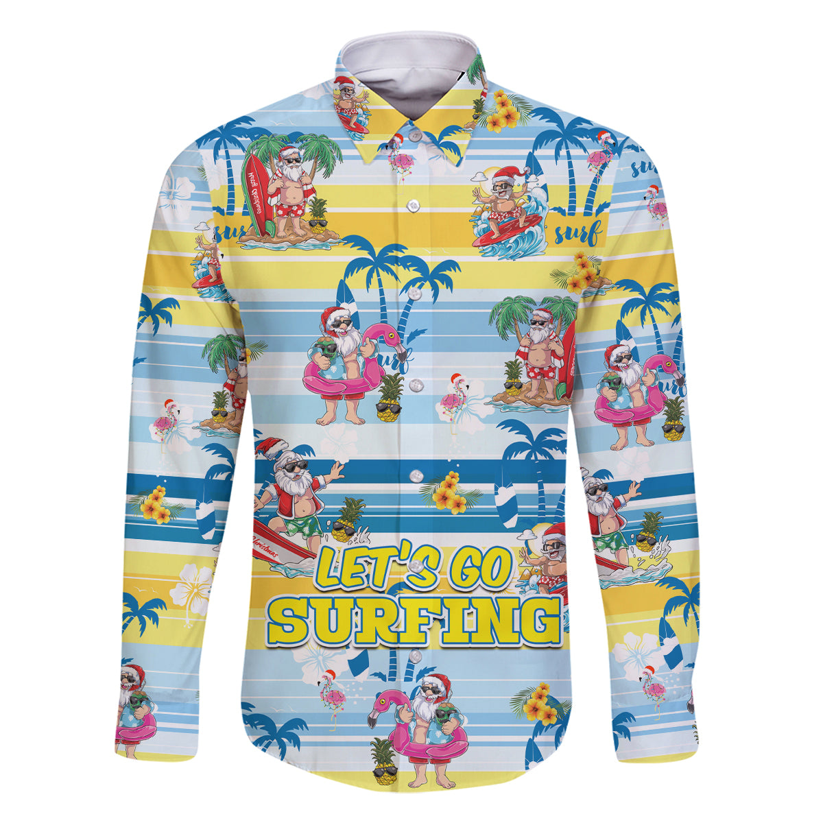 Surfing Christmas Family Matching Off Shoulder Long Sleeve Dress and Hawaiian Shirt Tropical Santa Let's Go Surfing DT02 Dad's Shirt - Long Sleeve Art - Polynesian Pride