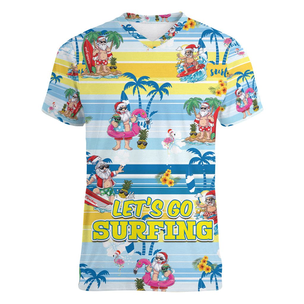 Surfing Christmas Women V Neck T Shirt Tropical Santa Let's Go Surfing DT02 Female Art - Polynesian Pride