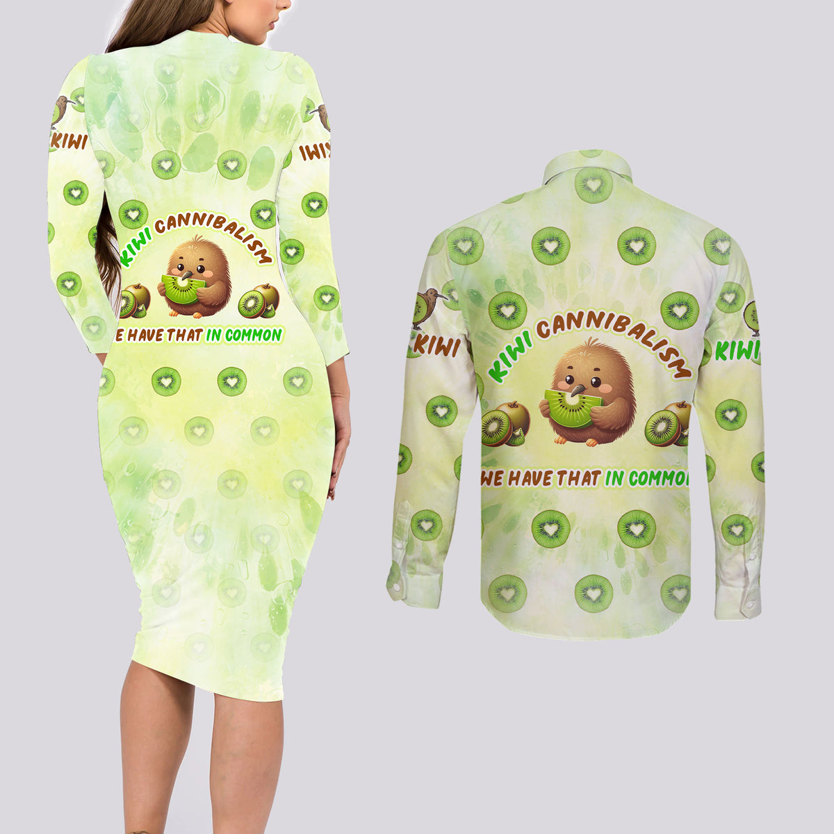 Kiwi Cannibalism Couples Matching Long Sleeve Bodycon Dress and Long Sleeve Button Shirt New Zealand Kiwi Cute Bird Funny