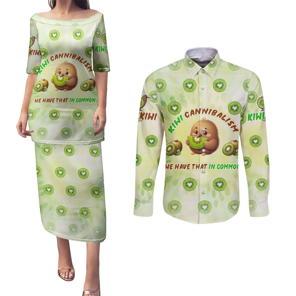 Kiwi Cannibalism Couples Matching Puletasi and Long Sleeve Button Shirt New Zealand Kiwi Cute Bird Funny DT02 Green - Polynesian Pride