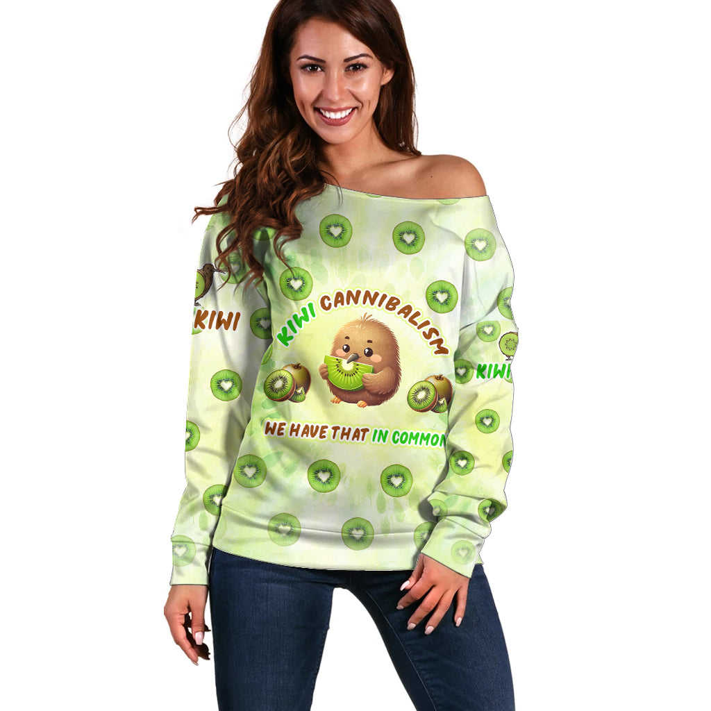 Kiwi Cannibalism Off Shoulder Sweater New Zealand Kiwi Cute Bird Funny DT02 Women Green - Polynesian Pride