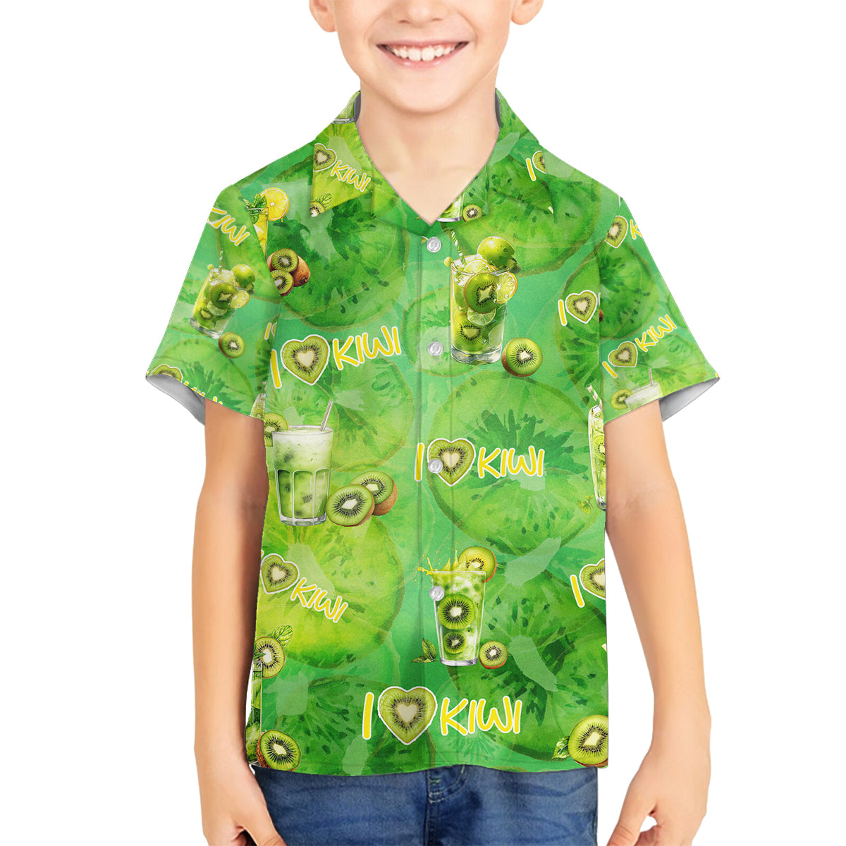 I Love Kiwi Family Matching Long Sleeve Bodycon Dress and Hawaiian Shirt New Zealand Kiwi Fruit Summer Cocktail DT02 Son's Shirt Green - Polynesian Pride