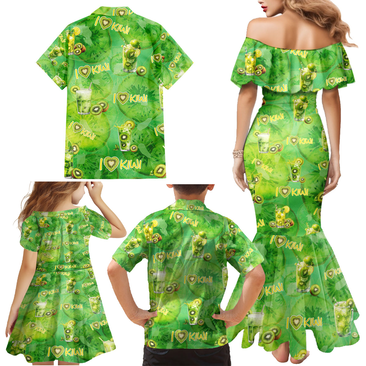 I Love Kiwi Family Matching Mermaid Dress and Hawaiian Shirt New Zealand Kiwi Fruit Summer Cocktail