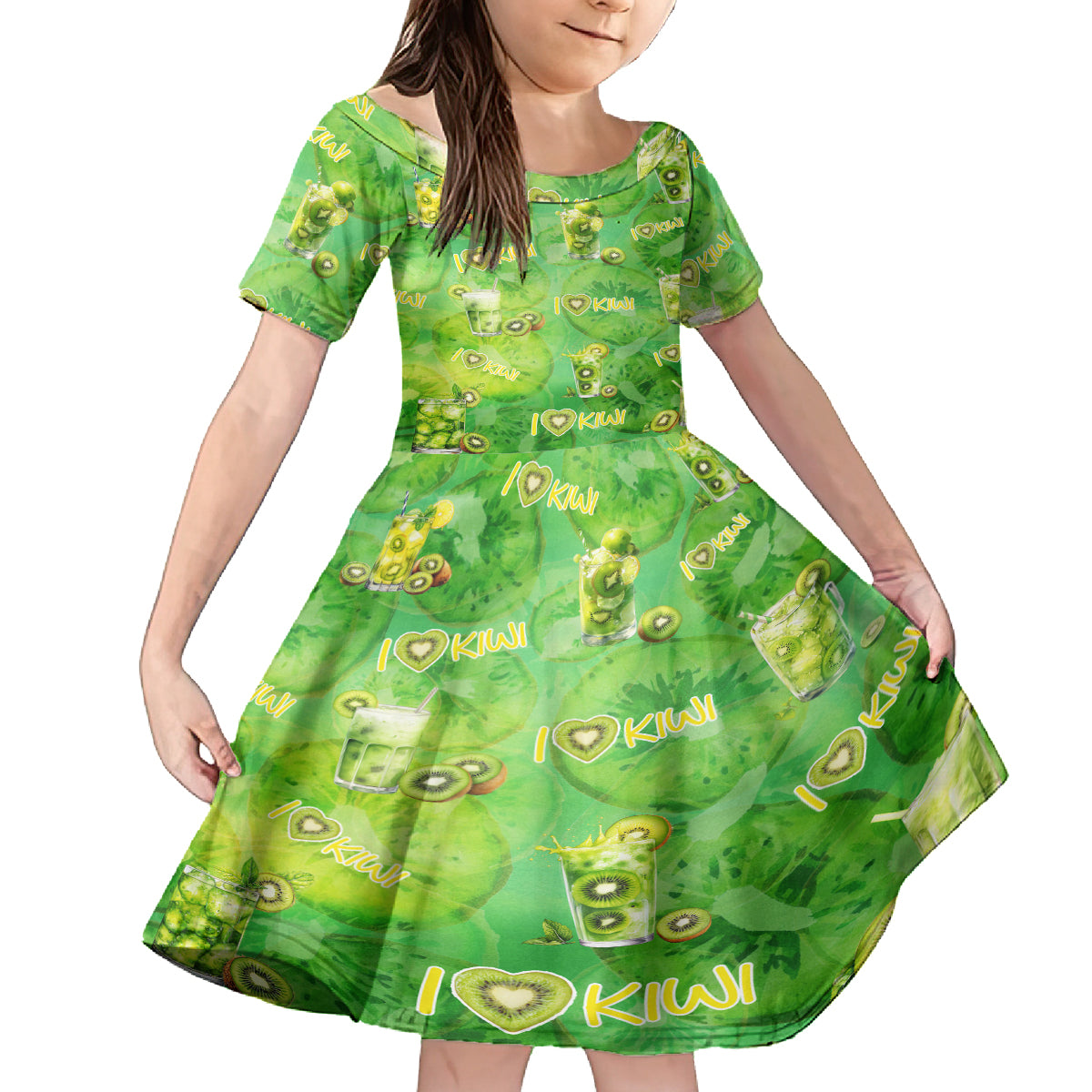 I Love Kiwi Family Matching Off The Shoulder Long Sleeve Dress and Hawaiian Shirt New Zealand Kiwi Fruit Summer Cocktail DT02 Daughter's Dress Green - Polynesian Pride