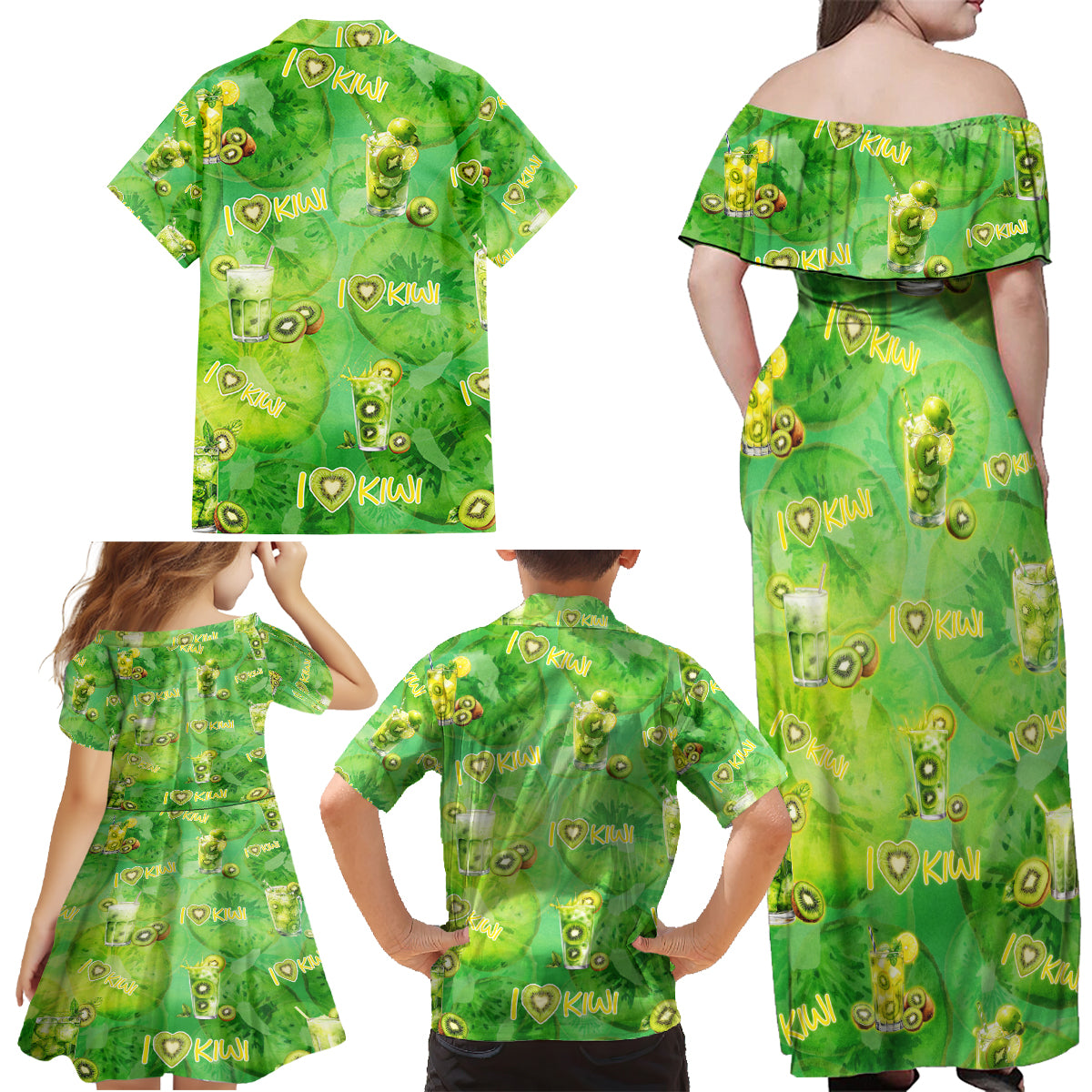 I Love Kiwi Family Matching Off Shoulder Maxi Dress and Hawaiian Shirt New Zealand Kiwi Fruit Summer Cocktail