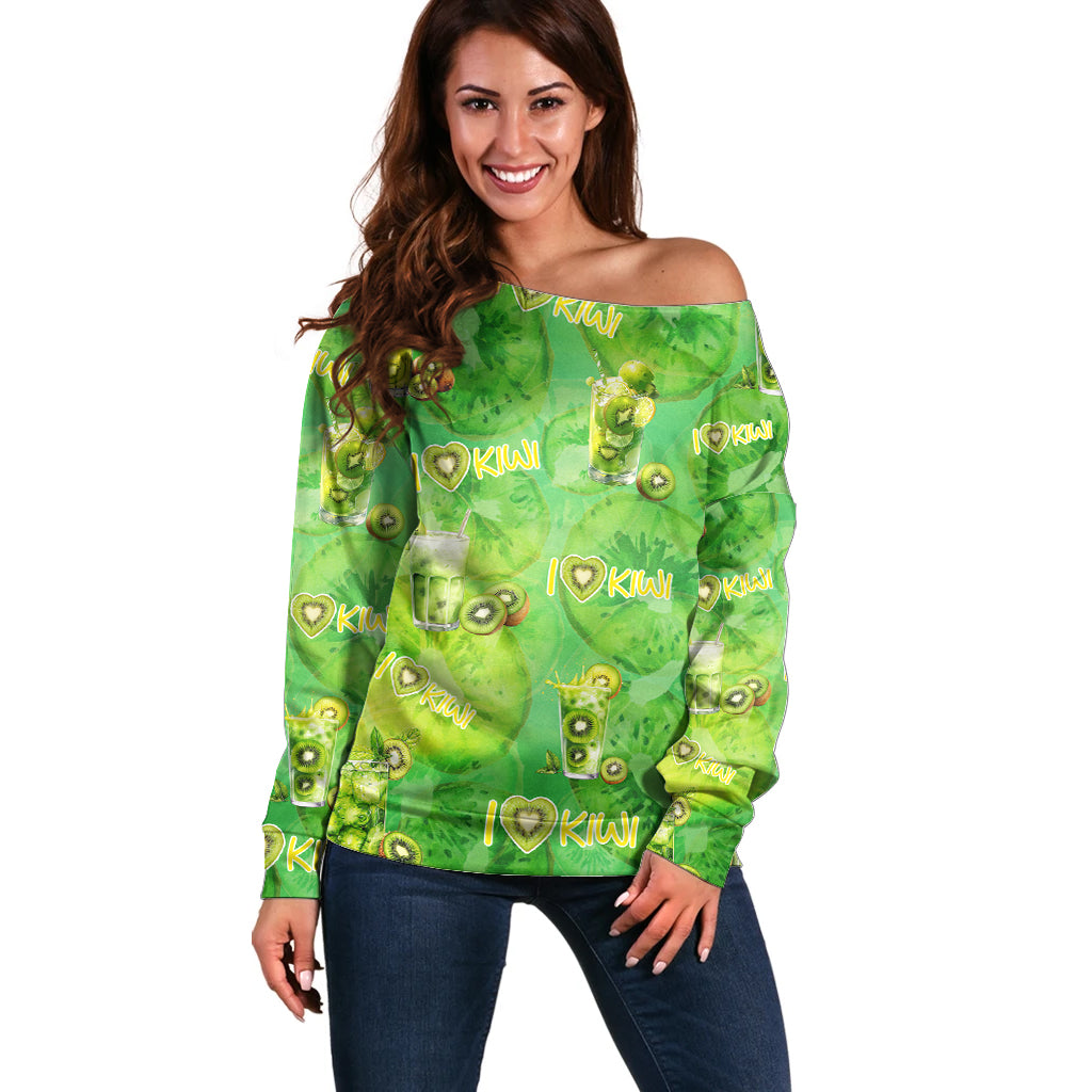 I Love Kiwi Off Shoulder Sweater New Zealand Kiwi Fruit Summer Cocktail DT02 Women Green - Polynesian Pride