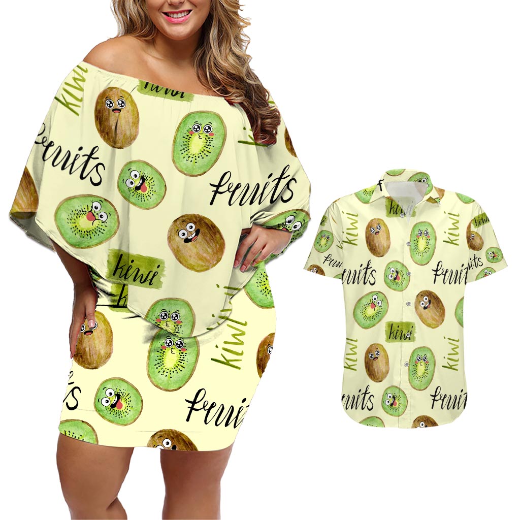 Kiwi Cute Humorous Couples Matching Off Shoulder Short Dress and Hawaiian Shirt New Zealand Fruit