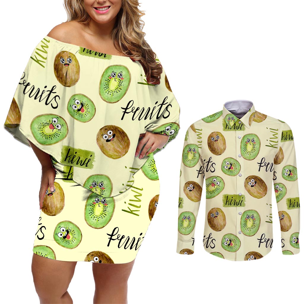 Kiwi Cute Humorous Couples Matching Off Shoulder Short Dress and Long Sleeve Button Shirt New Zealand Fruit