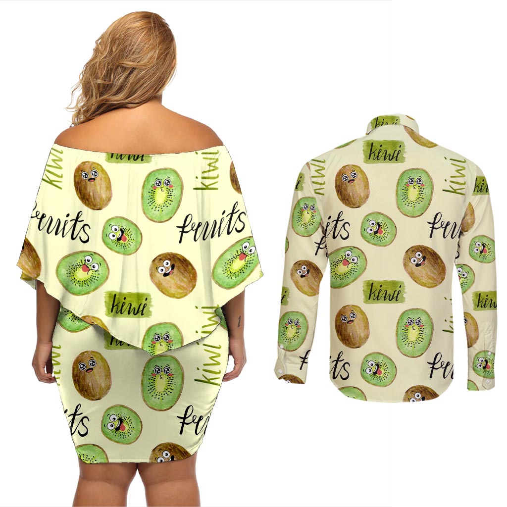 Kiwi Cute Humorous Couples Matching Off Shoulder Short Dress and Long Sleeve Button Shirt New Zealand Fruit