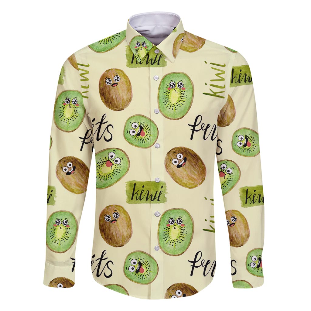 Kiwi Cute Humorous Family Matching Mermaid Dress and Hawaiian Shirt New Zealand Fruit DT02 Dad's Shirt - Long Sleeve Yellow - Polynesian Pride