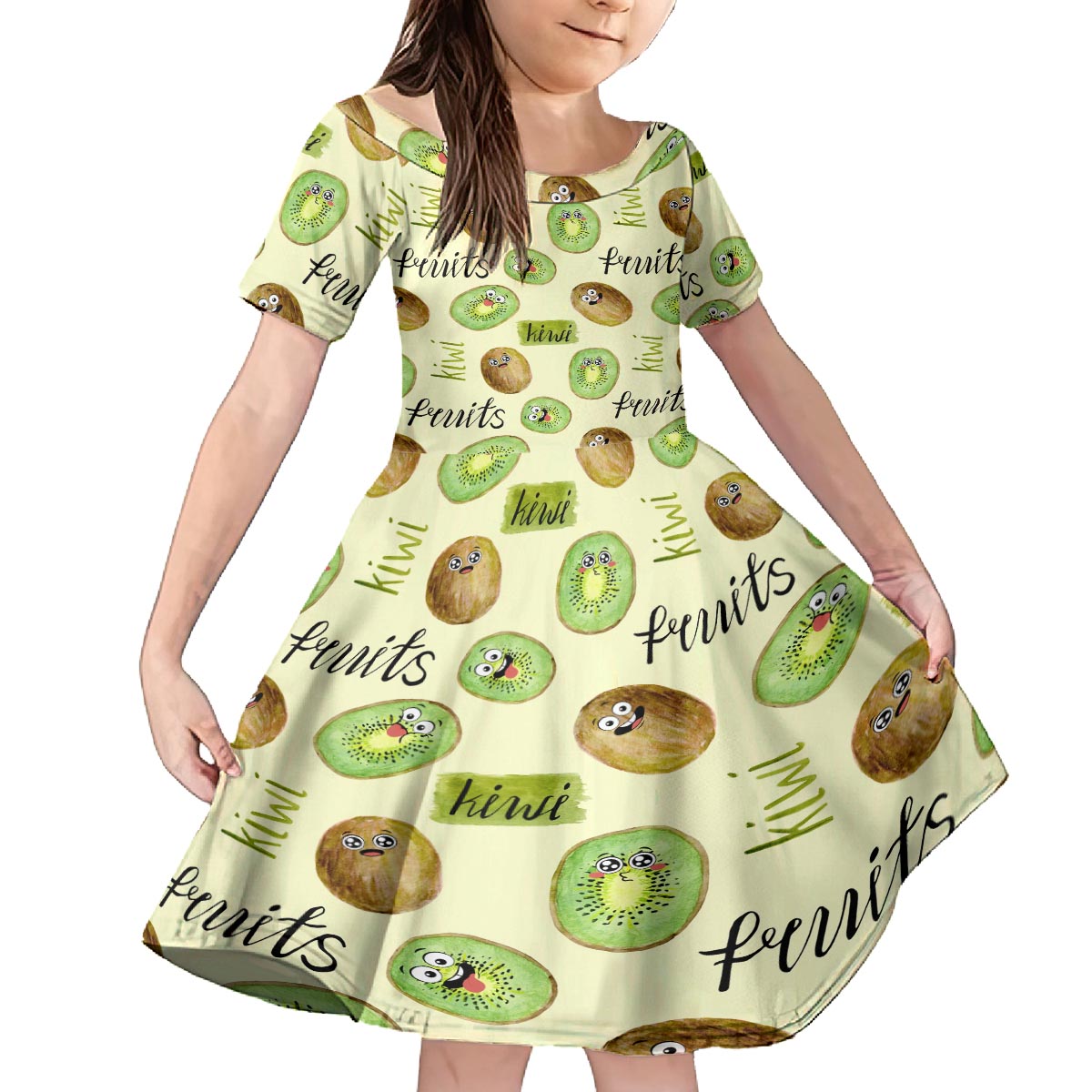 Kiwi Cute Humorous Family Matching Off The Shoulder Long Sleeve Dress and Hawaiian Shirt New Zealand Fruit DT02 Daughter's Dress Yellow - Polynesian Pride