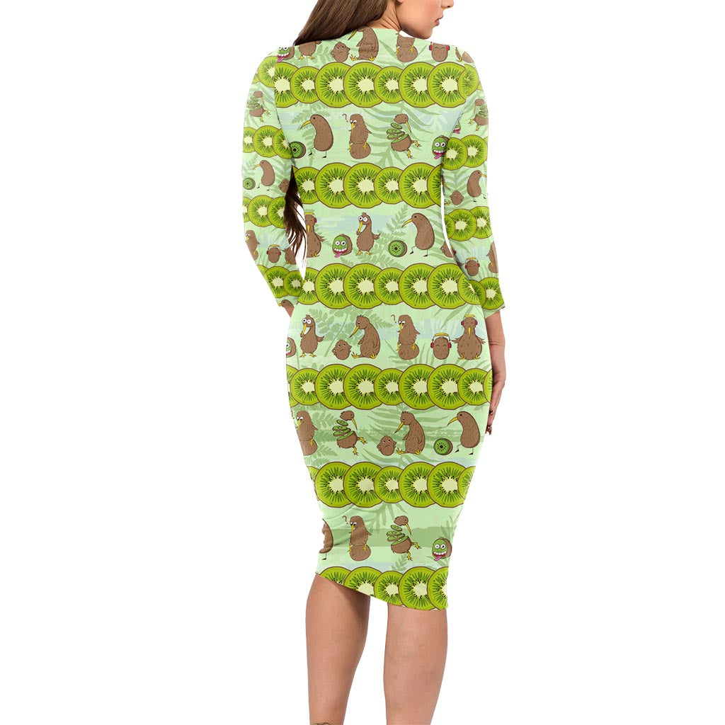 New Zealand Kiwi Fruit Witty Kiwi Bird Long Sleeve Bodycon Dress