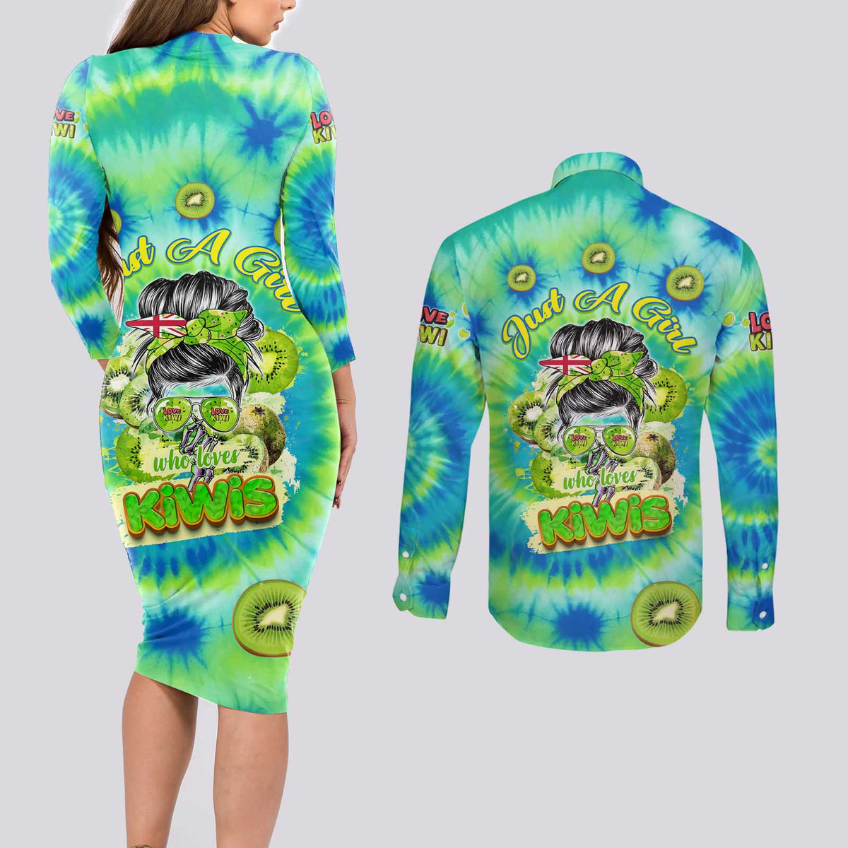 Just a Girl Who Loves Kiwis Couples Matching Long Sleeve Bodycon Dress and Long Sleeve Button Shirt New Zealand Tie Dye