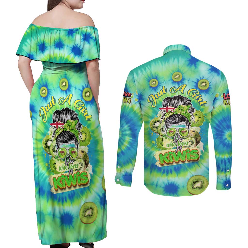 Just a Girl Who Loves Kiwis Couples Matching Off Shoulder Maxi Dress and Long Sleeve Button Shirt New Zealand Tie Dye