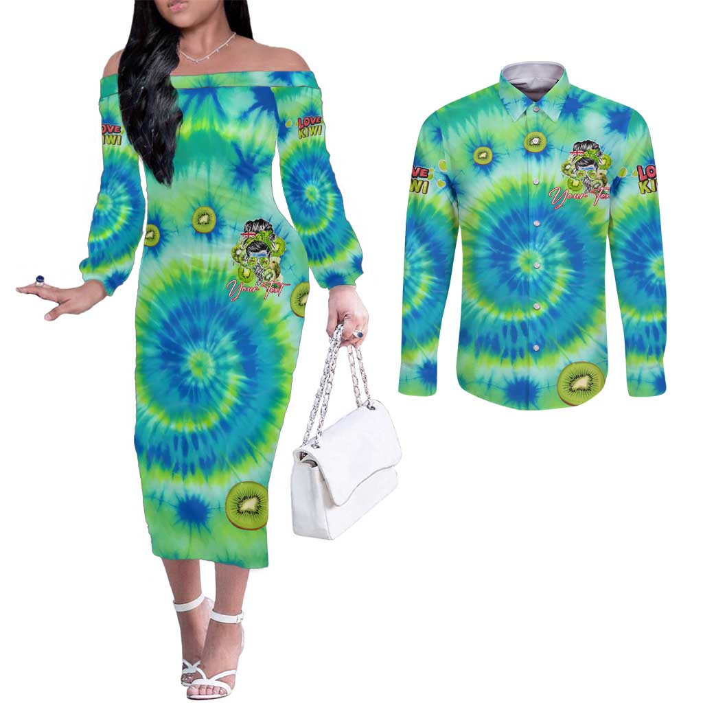 Just a Girl Who Loves Kiwis Couples Matching Off The Shoulder Long Sleeve Dress and Long Sleeve Button Shirt New Zealand Tie Dye