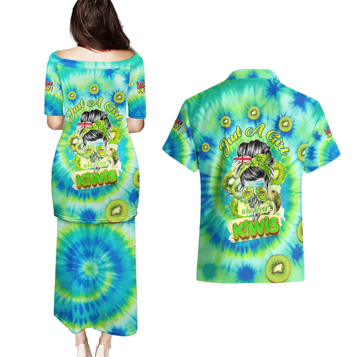 Just a Girl Who Loves Kiwis Couples Matching Puletasi and Hawaiian Shirt New Zealand Tie Dye