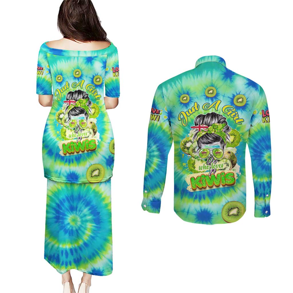 Just a Girl Who Loves Kiwis Couples Matching Puletasi and Long Sleeve Button Shirt New Zealand Tie Dye