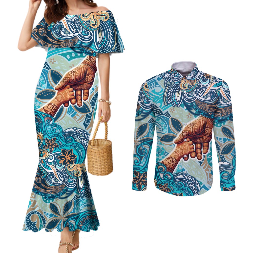 Hand In Hand Father's Day Polynesian Couples Matching Mermaid Dress and Long Sleeve Button Shirt Tribal Flower Pattern DT02 Blue - Polynesian Pride
