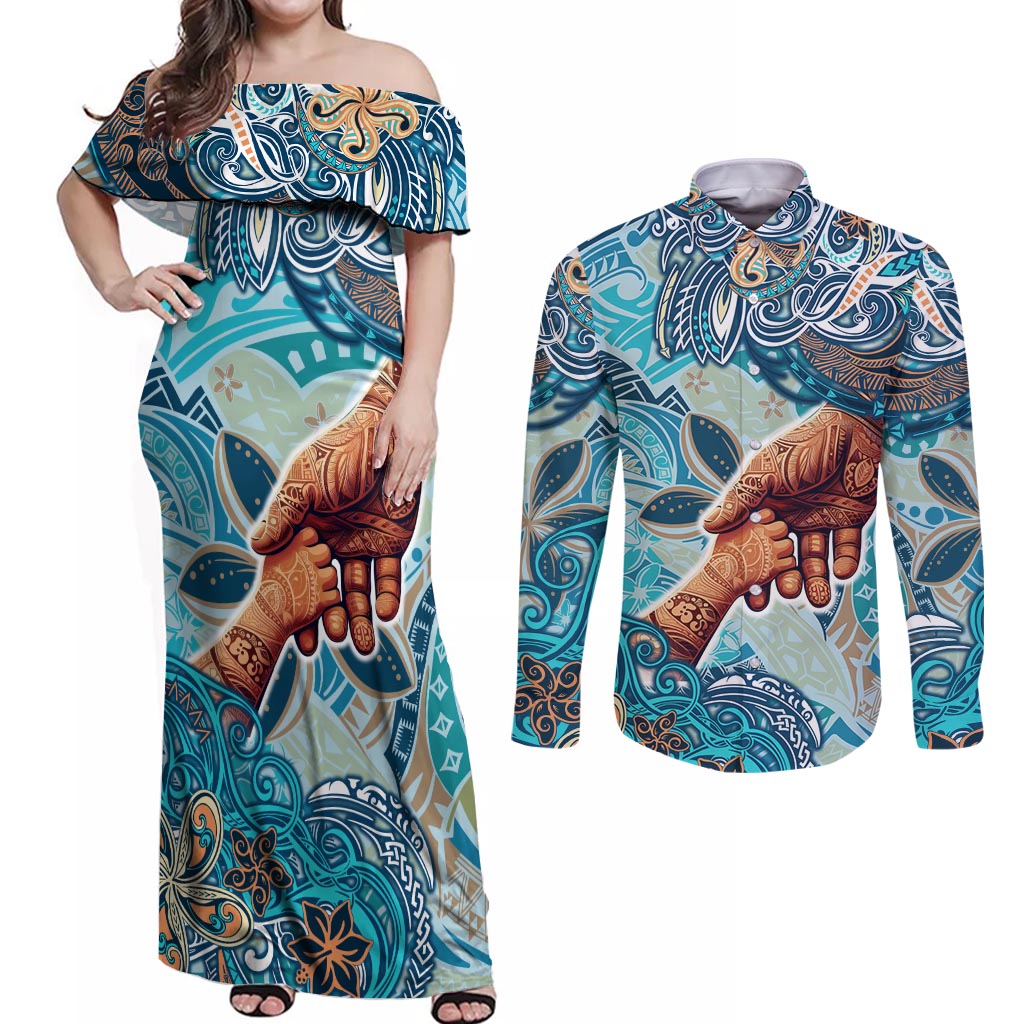 Hand In Hand Father's Day Polynesian Couples Matching Off Shoulder Maxi Dress and Long Sleeve Button Shirt Tribal Flower Pattern DT02 Blue - Polynesian Pride