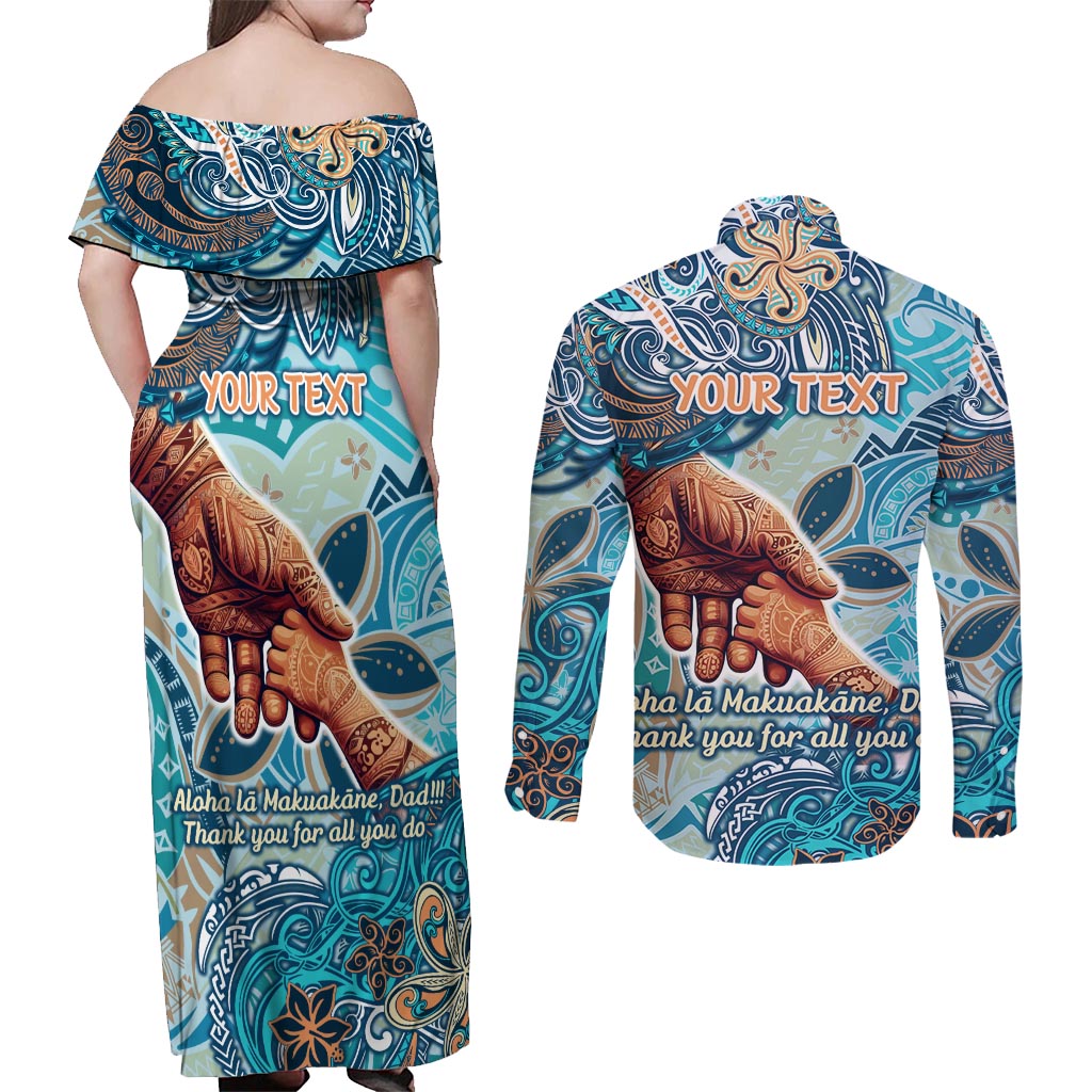 Hand In Hand Father's Day Polynesian Couples Matching Off Shoulder Maxi Dress and Long Sleeve Button Shirt Tribal Flower Pattern