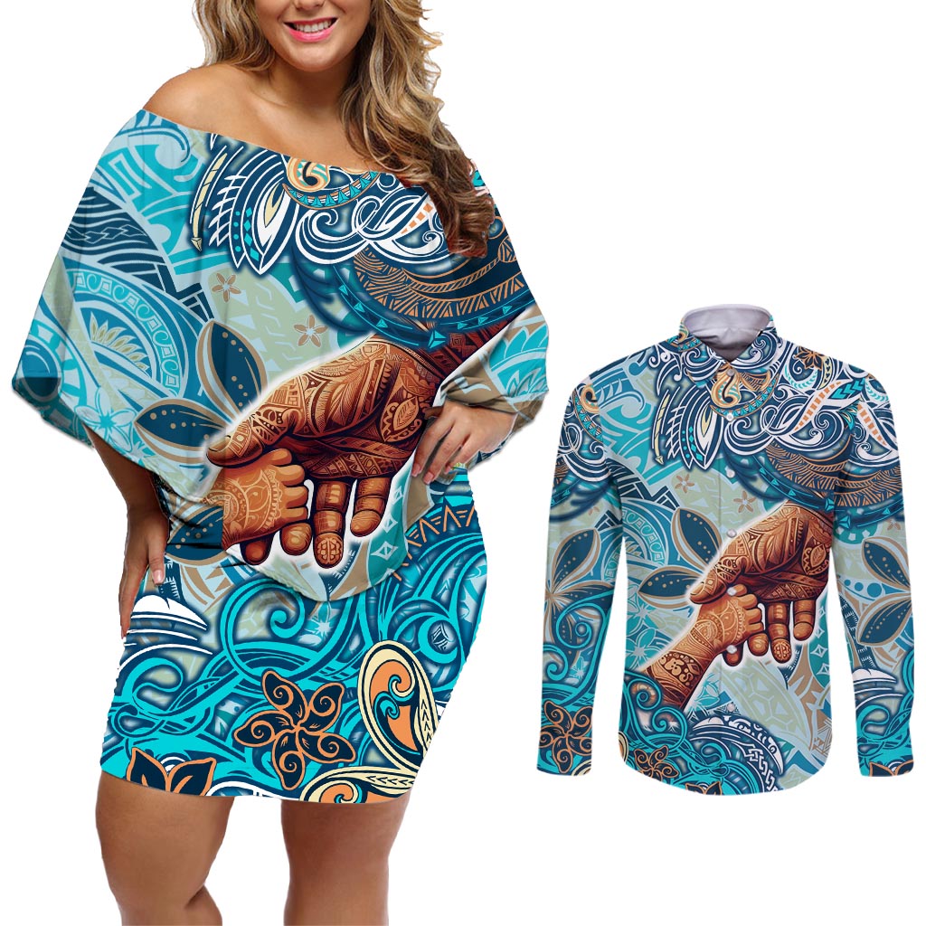 Hand In Hand Father's Day Polynesian Couples Matching Off Shoulder Short Dress and Long Sleeve Button Shirt Tribal Flower Pattern DT02 Blue - Polynesian Pride