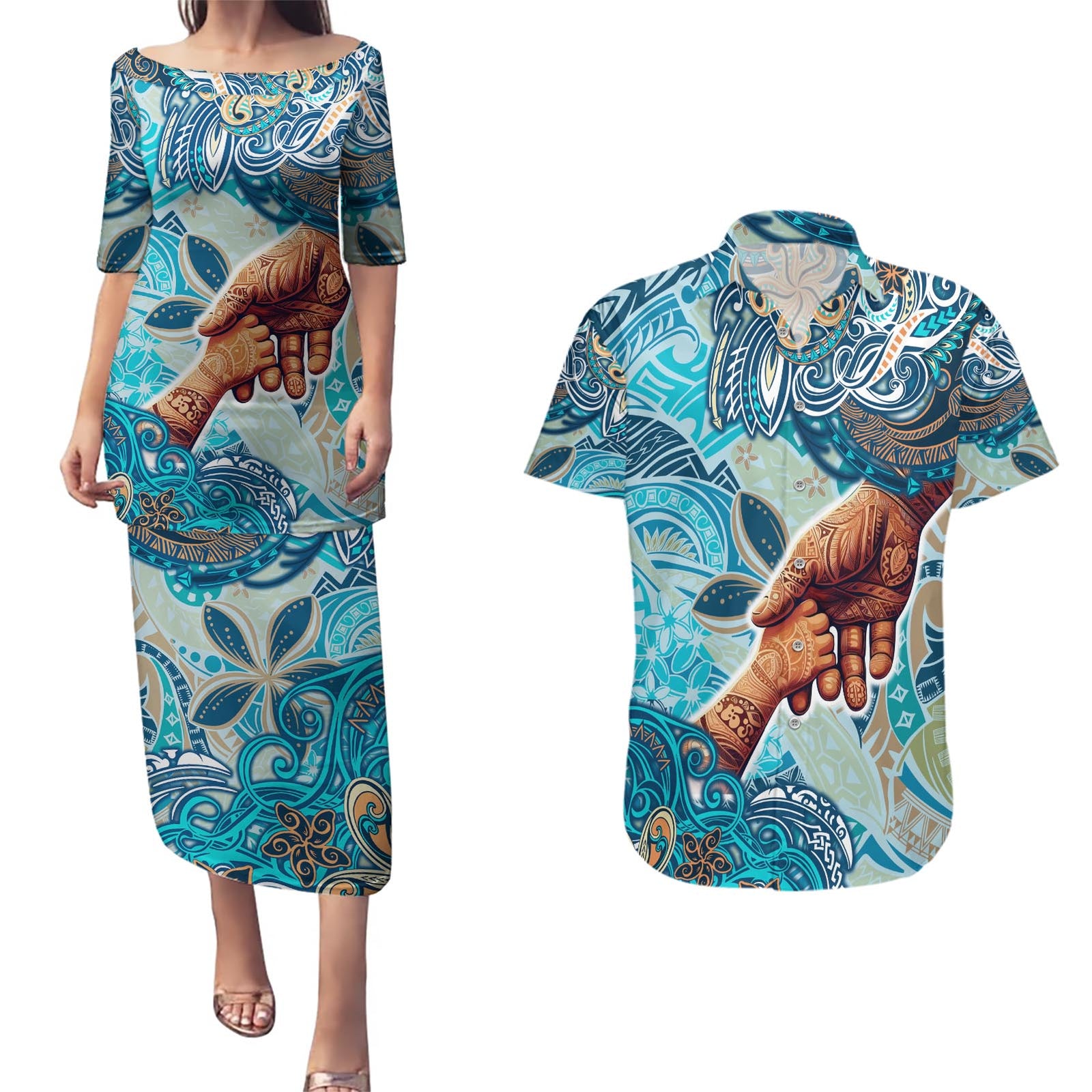 Hand In Hand Father's Day Polynesian Couples Matching Puletasi and Hawaiian Shirt Tribal Flower Pattern DT02 Blue - Polynesian Pride