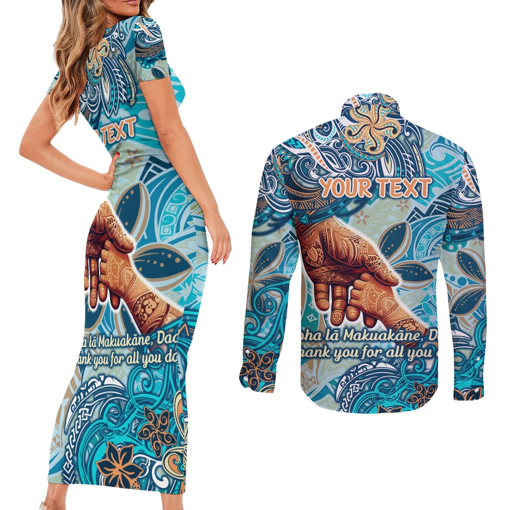 Hand In Hand Father's Day Polynesian Couples Matching Short Sleeve Bodycon Dress and Long Sleeve Button Shirt Tribal Flower Pattern