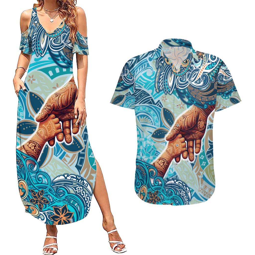 Hand In Hand Father's Day Polynesian Couples Matching Summer Maxi Dress and Hawaiian Shirt Tribal Flower Pattern