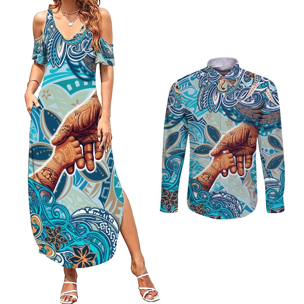 Hand In Hand Father's Day Polynesian Couples Matching Summer Maxi Dress and Long Sleeve Button Shirt Tribal Flower Pattern DT02 Blue - Polynesian Pride