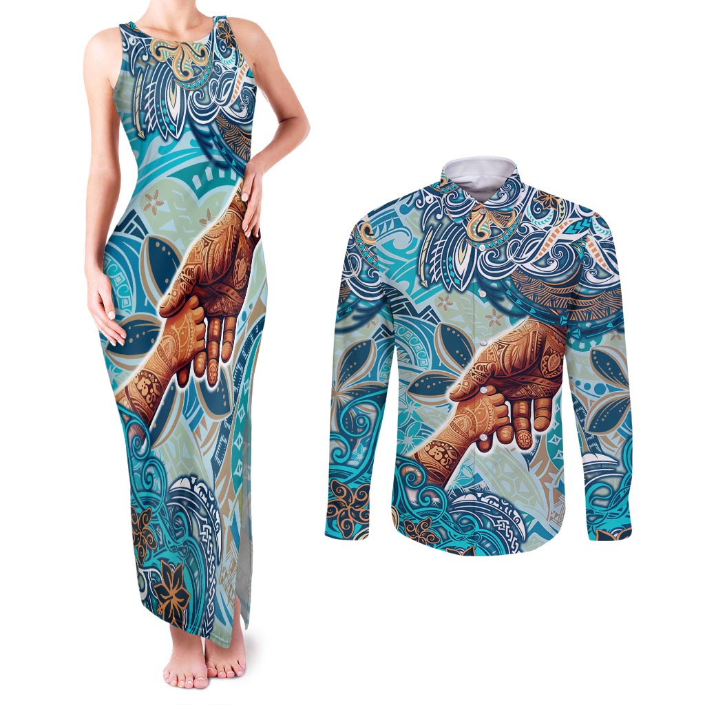 Hand In Hand Father's Day Polynesian Couples Matching Tank Maxi Dress and Long Sleeve Button Shirt Tribal Flower Pattern DT02 Blue - Polynesian Pride